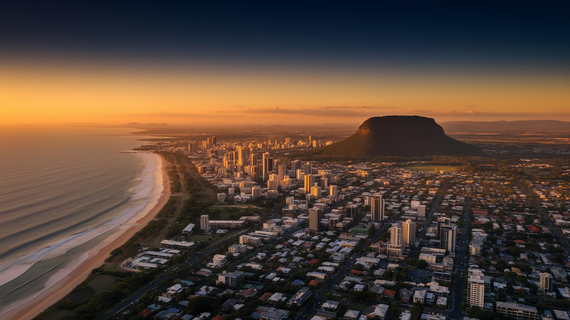 Aerial view of Townsville, Queensland at golden hour